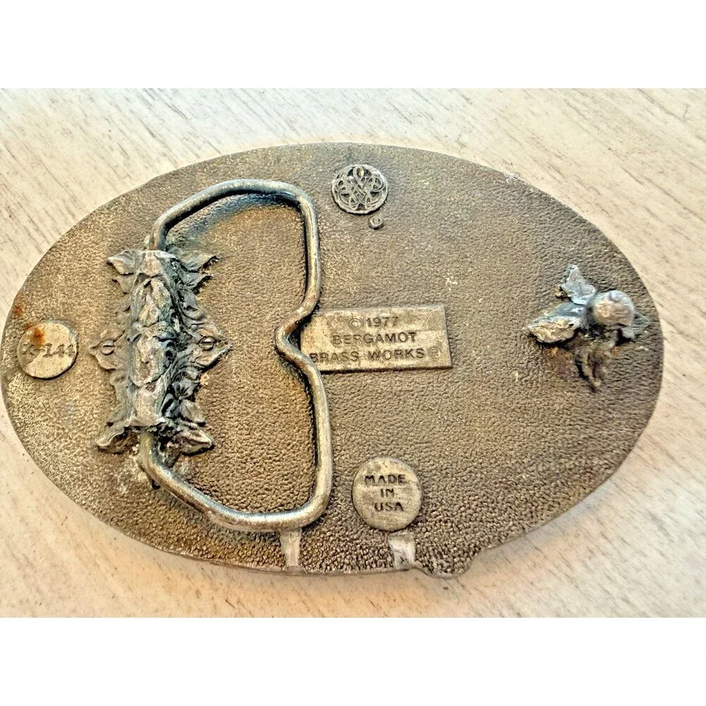 Vintage 1977 Bergamot Brass Works Bass Fish Fishing Pole 3D Belt Buckle X-144